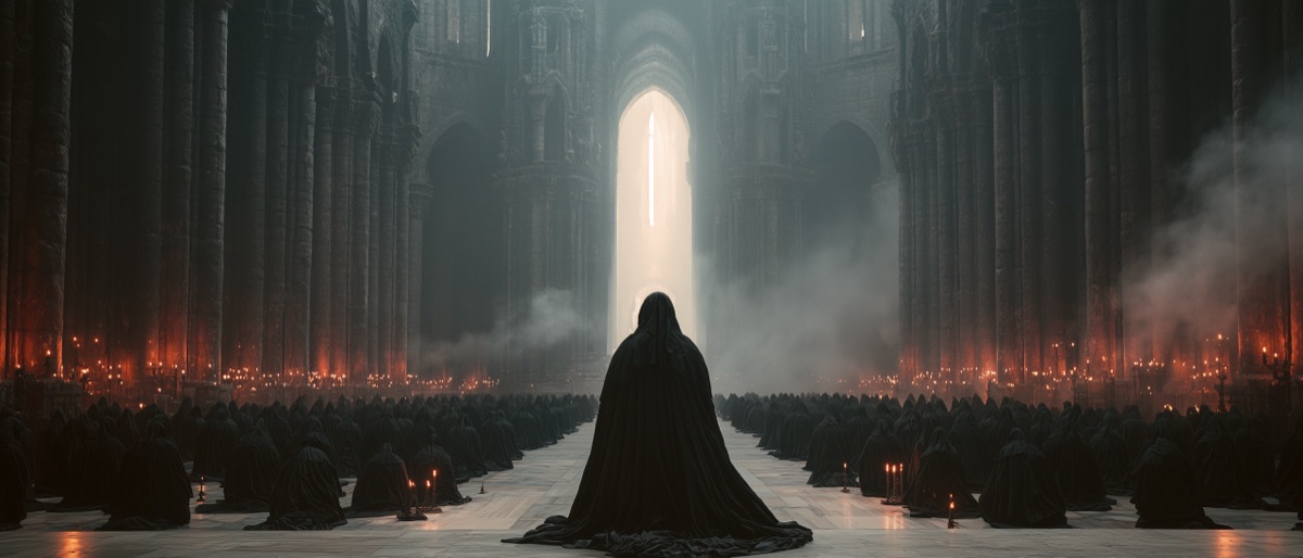A vast dark cathedral of kneeling hooded figures