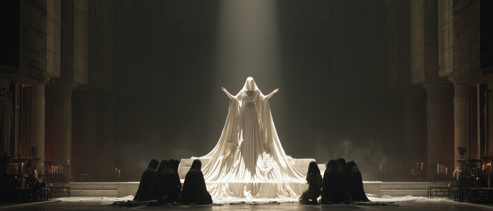 A shrouded figure in white, arms open, before kneeling masked guests in a dark temple