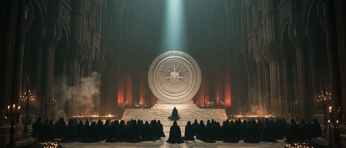 A great ceremonial wheel in a candlelit temple, watched by kneeling figures