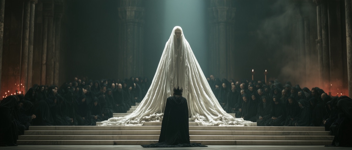 A crowned man kneeling before the shrouded Goddess and the kneeling house